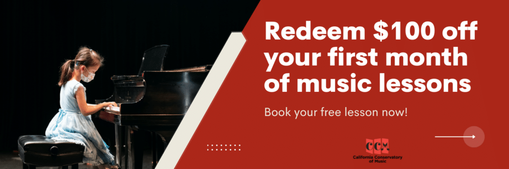 young piano student with light blue dress for a music recital. redeem $100 off your first month of music lessons at the california conservatory of music