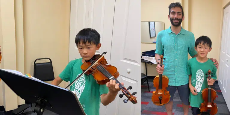 Collage of 2 photos. On the left, Landon is reading music and playing violin. On the right, Teacher Kourosh and Landon are smiling facing the camera holding their violins alongside themselves.