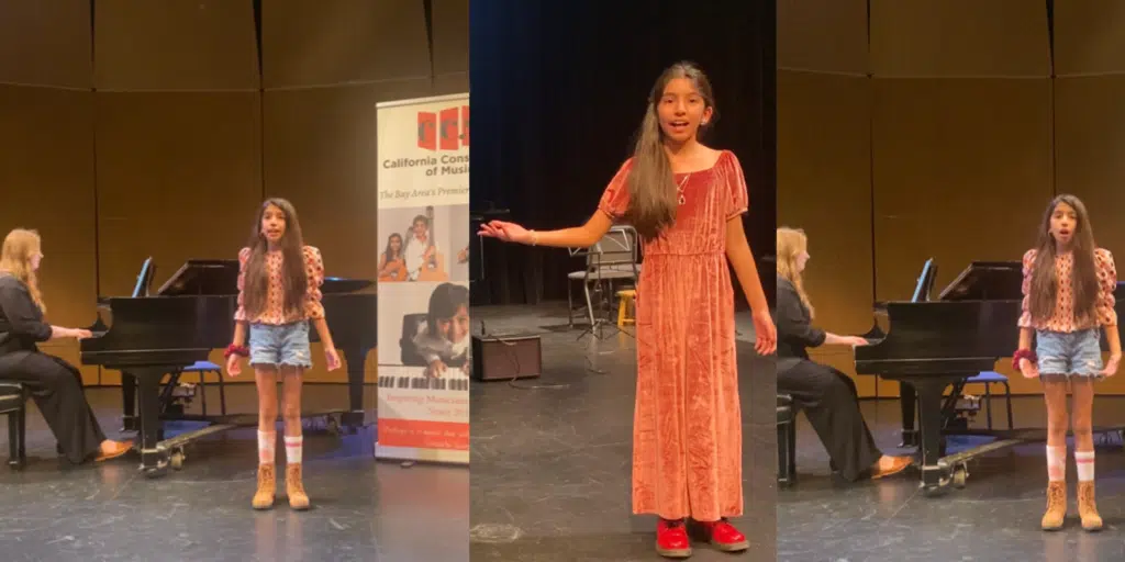 Three photos of Eva singing at the recitals