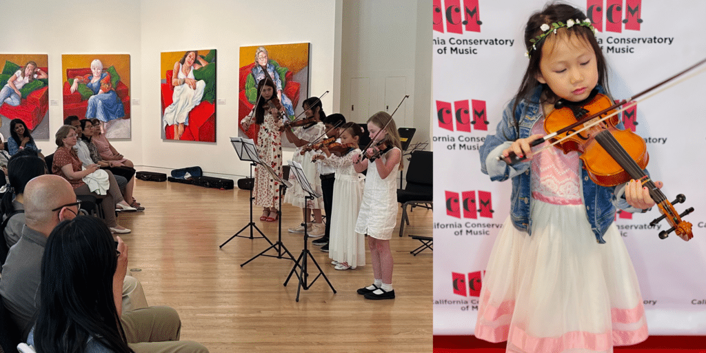 on the left, 4 violin students performing in front of an audience next to their teacher who is also playing with them. on the right is a girl playing posing with her violin in front of the CCM banner