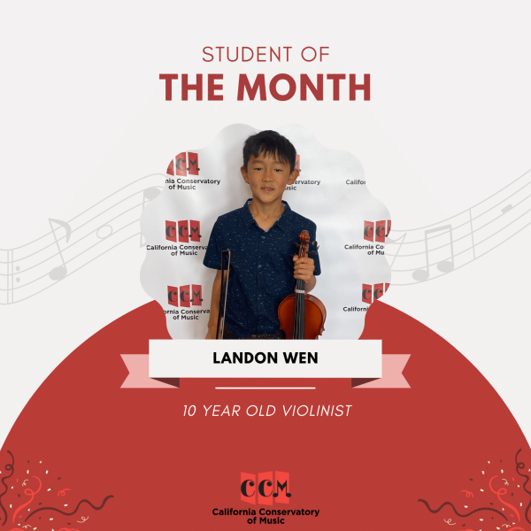 Landon smiling with violin in hand in front of CCM step and repeat poster. Behind him are graphics of music notes and shapes for the Student of the Month title image